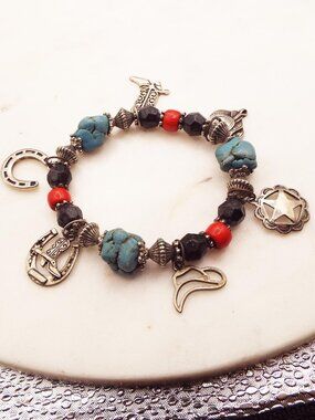 WESTERN COWBOY RODEO SOUTHWEST THEMED CHARM TURQUOISE NUGGET STRETCHY BRACELET L